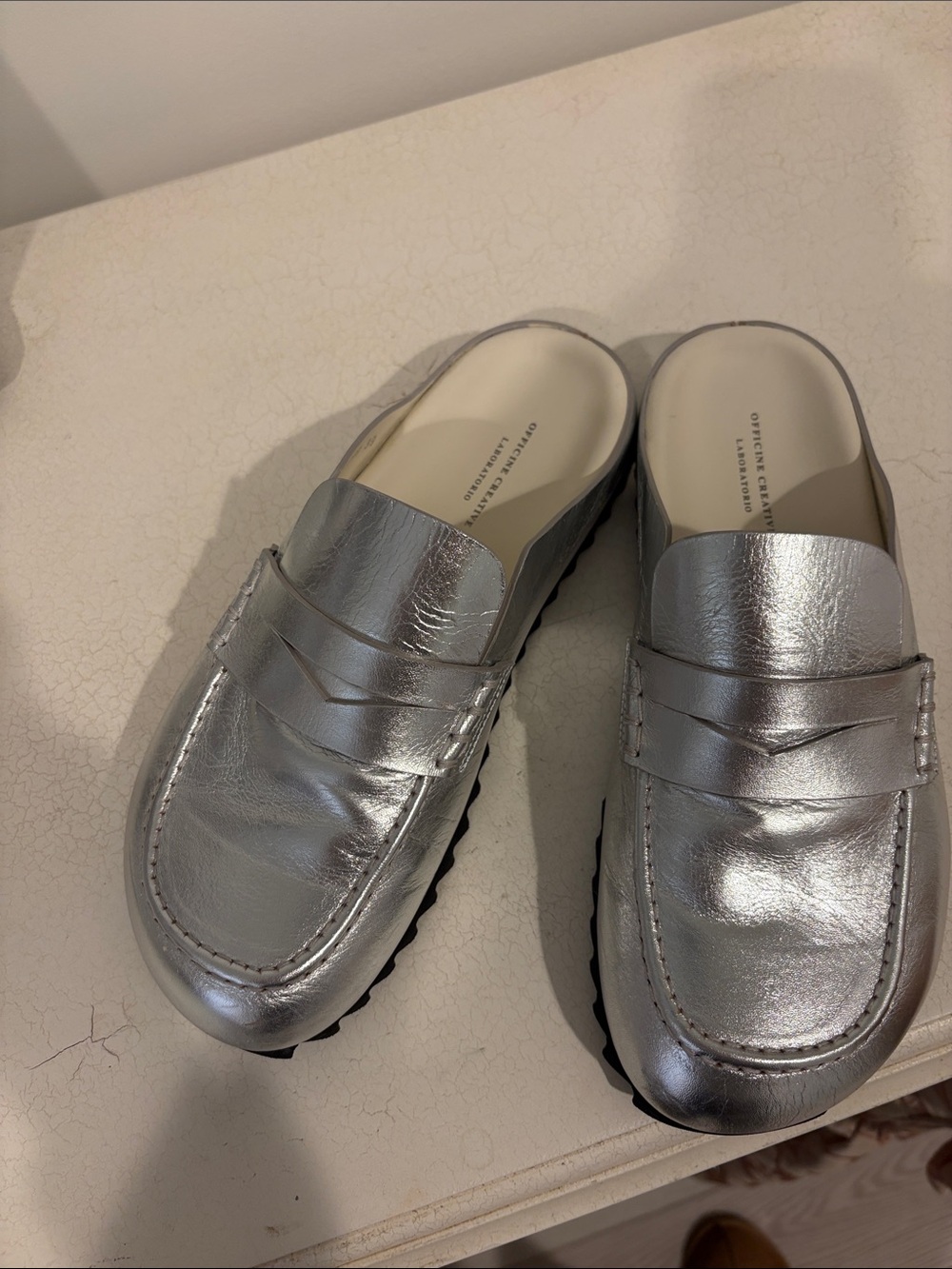 Officine Creative Silver Leather Slip-On Mules NWOT